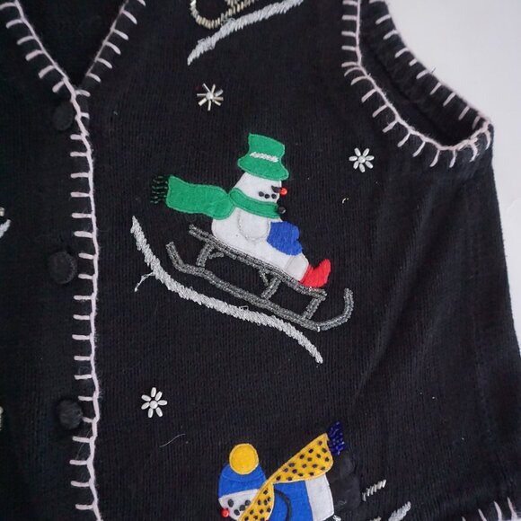 Vintage Victoria Jones Black Holiday Ski Snowman Vest Cotton Festive Grandpa L - Picture 7 of 10